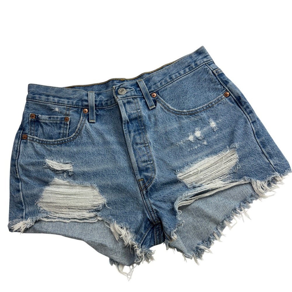 Levi's 501 Original Cut Off Shorts Women 29 Blue Distressed Denim High Rise F1